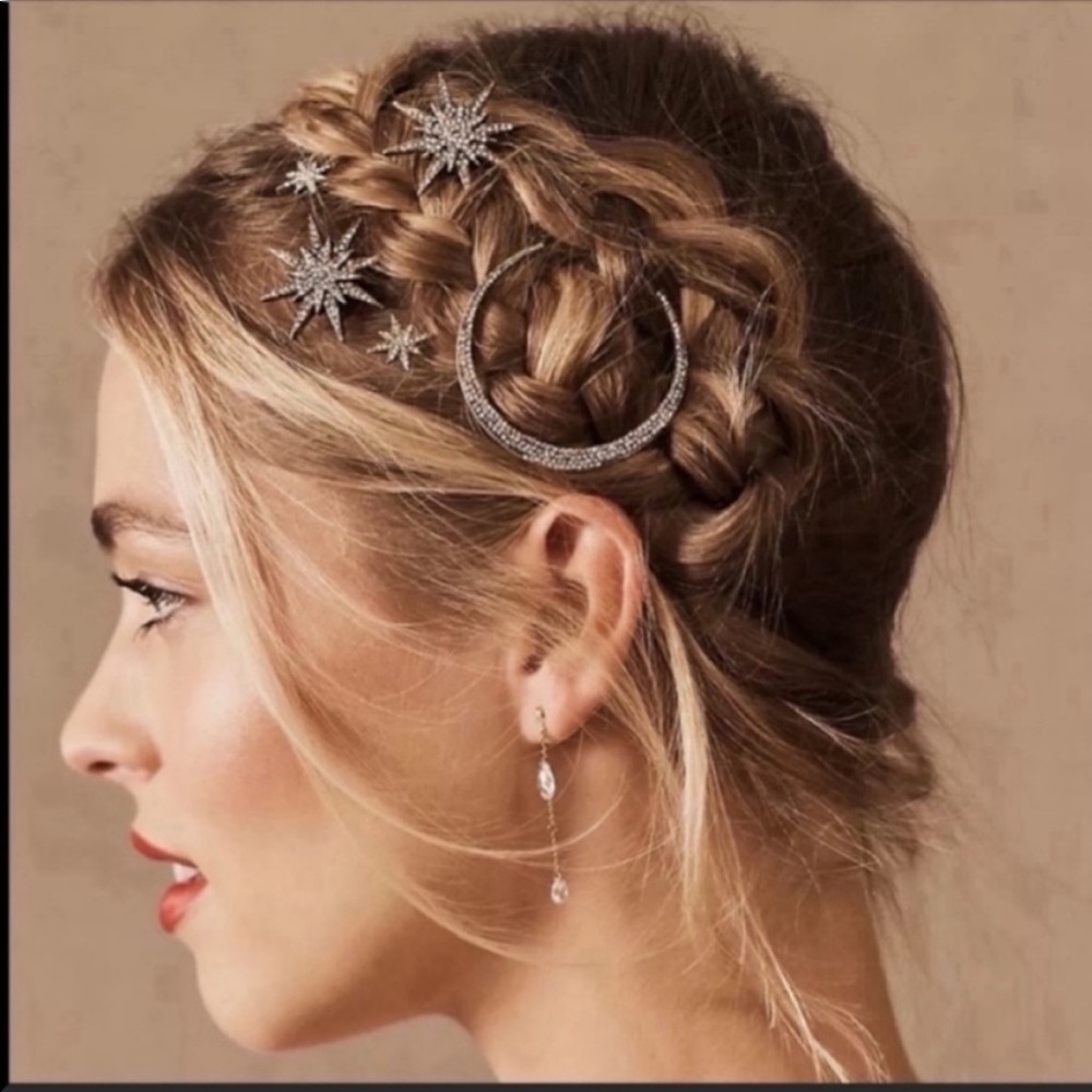 Crystal Crescent Moon And Stars Hairpins in Gold NIB
